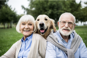 A Boca Raton senior couple sitting at a park with their pet labrador